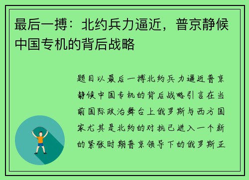最后一搏：北约兵力逼近，普京静候中国专机的背后战略
