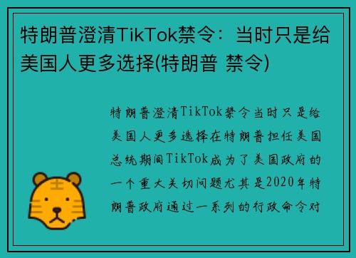 特朗普澄清TikTok禁令：当时只是给美国人更多选择(特朗普 禁令)