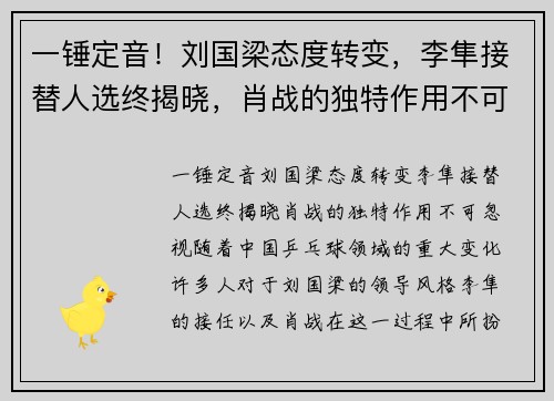 一锤定音！刘国梁态度转变，李隼接替人选终揭晓，肖战的独特作用不可忽视
