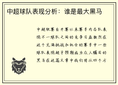 中超球队表现分析：谁是最大黑马